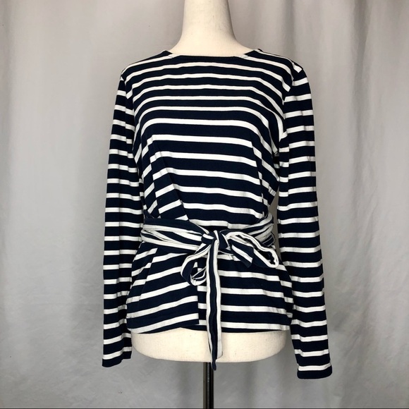 J. Crew navy white striped tee with crossover back and multi-wrap tie at waist S - Picture 1 of 8